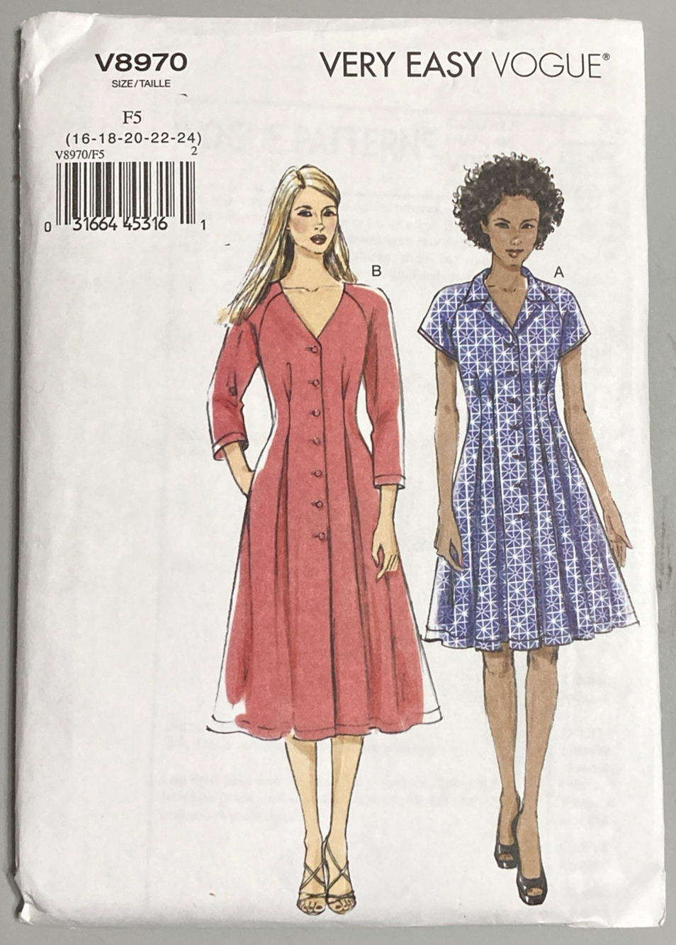 Vogue 8970 Pattern Misses Button Front Dress Pleats Pockets Sz 16-24 UNCUT